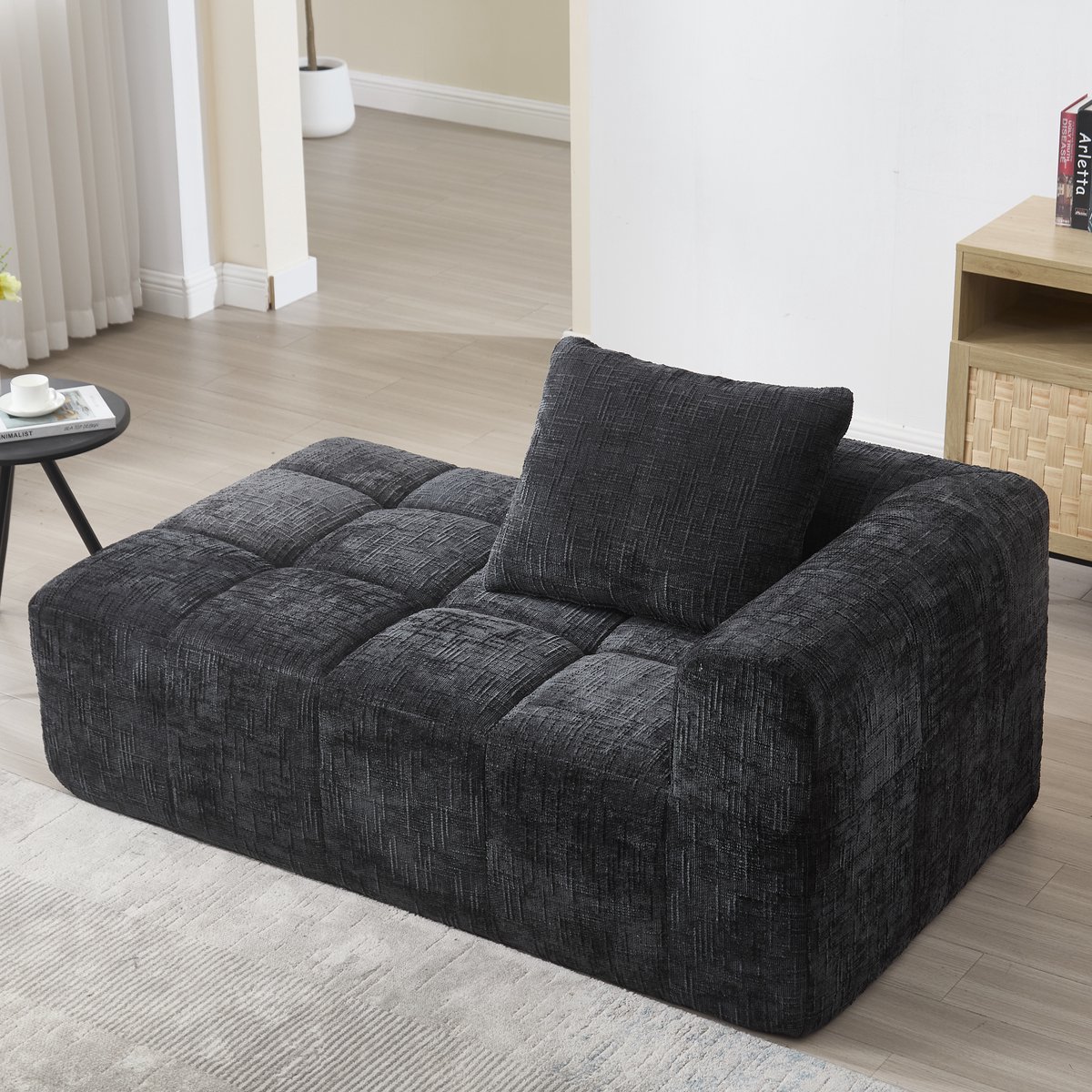 HAUSS SPOLE Bank - Chaise Lounge Comfort - Chaise Longue - Met Zijvakken & Kussen - 2-zits 158x90x60 cm - Loungesofa Voor Woonkamer - Chenille Zwart