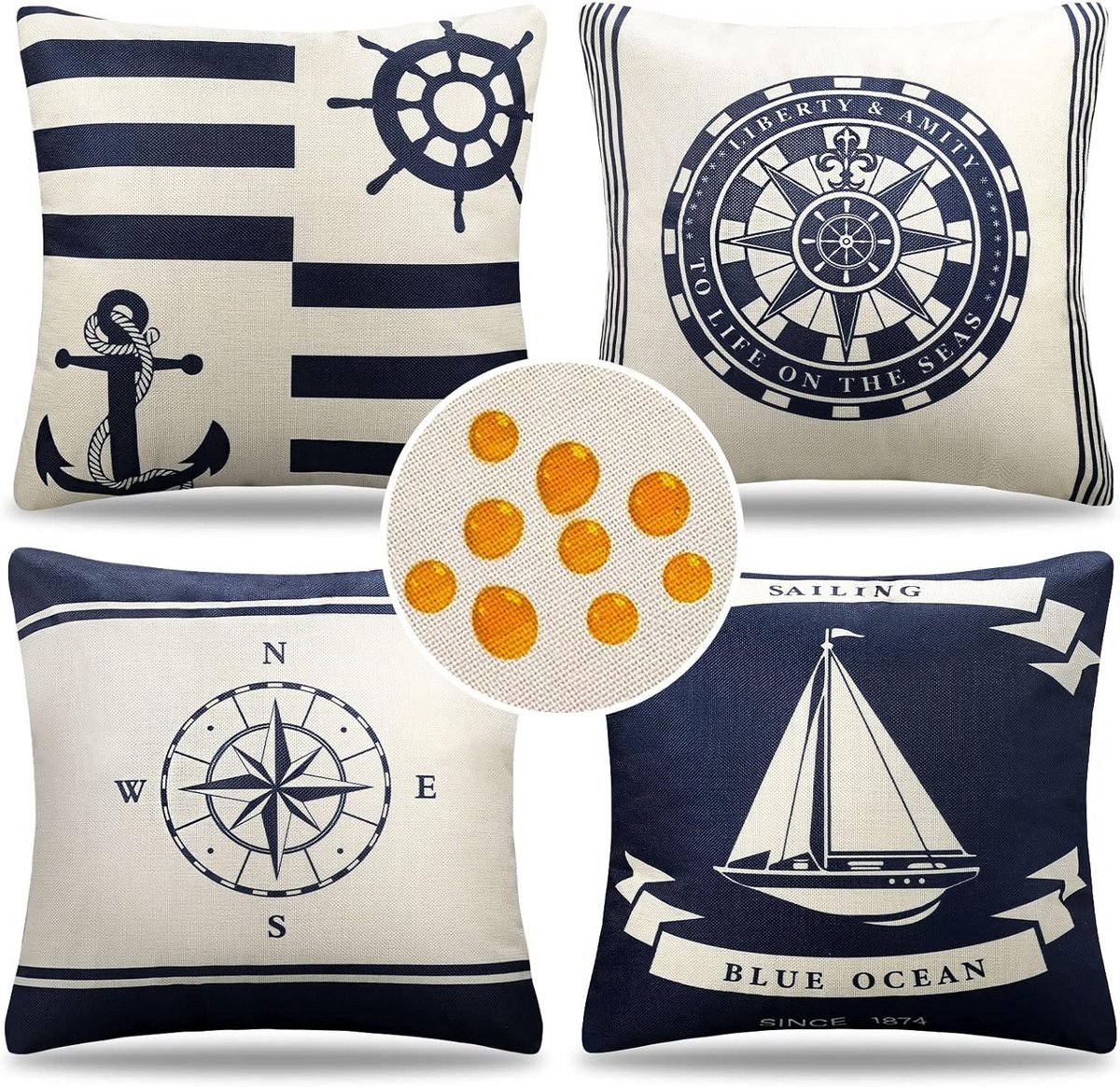 Waterdichte Linnen Sierkussenhoezen 40x40cm - Set van 4 - Navy Blauw Thema