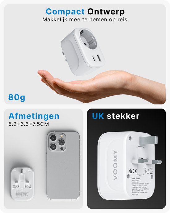 Voomy Reisstekker Engeland/UK - USB-C & USB-A - Wereldstekker Type G - Wit