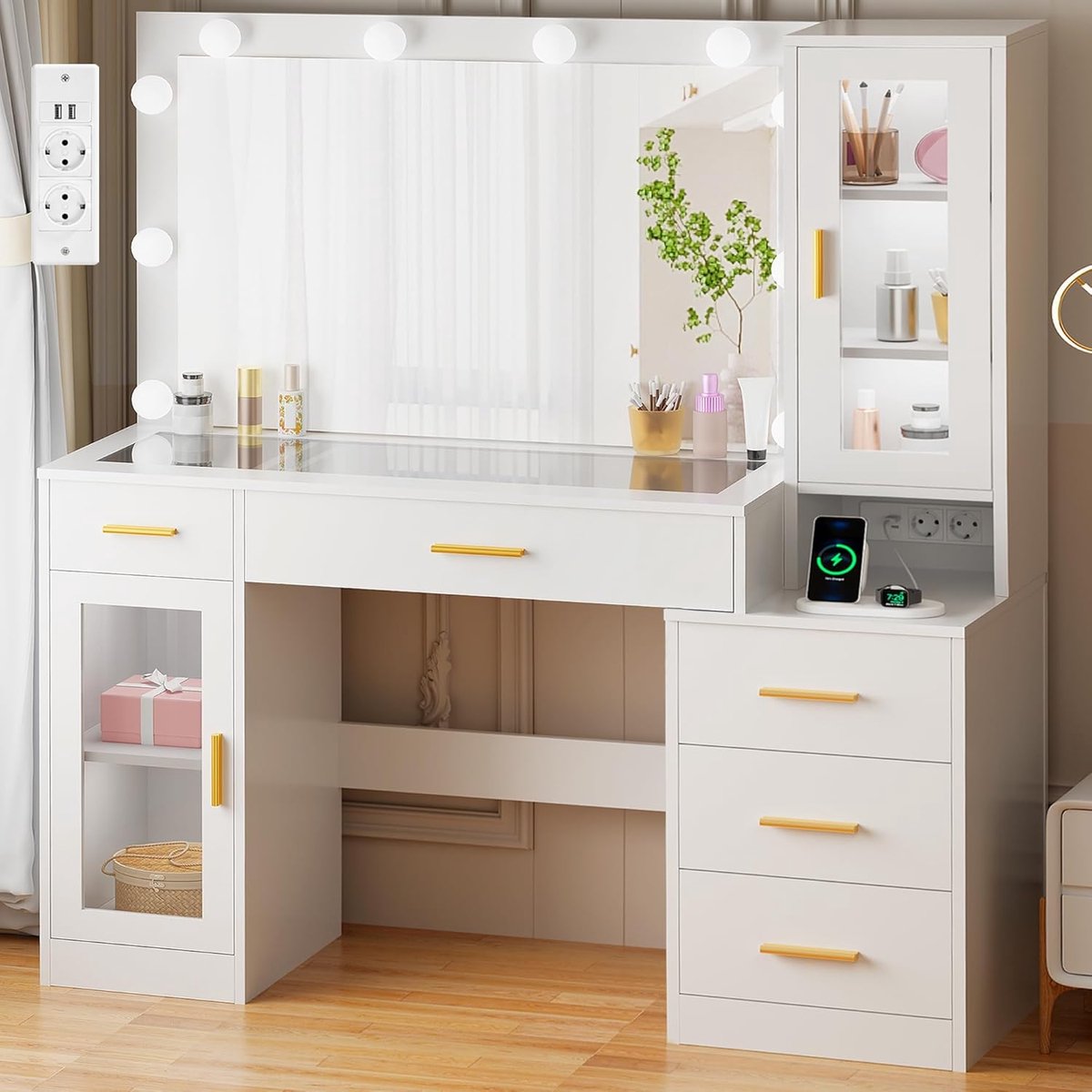 Luxe Make-uptafel met Verlichte Spiegel en Glazen Werkblad, 5 Lades en Ingebouwd Oplaadstation – 125x40x140 cm – Novihome
