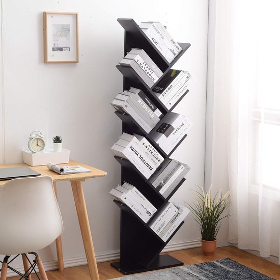Smalle boekenkast met 6 niveaus, 198 cm, hoge hoek, boekenkast met open planken, ruimtebesparend, voor kleine woonkamer, keuken, badkamer, balkon, moderne grijze kleur
