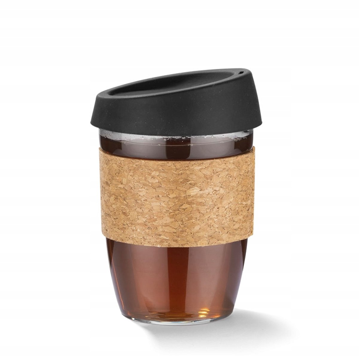 Glazen Koffiemok met Kurken Band en Siliconen Deksel - 380ml