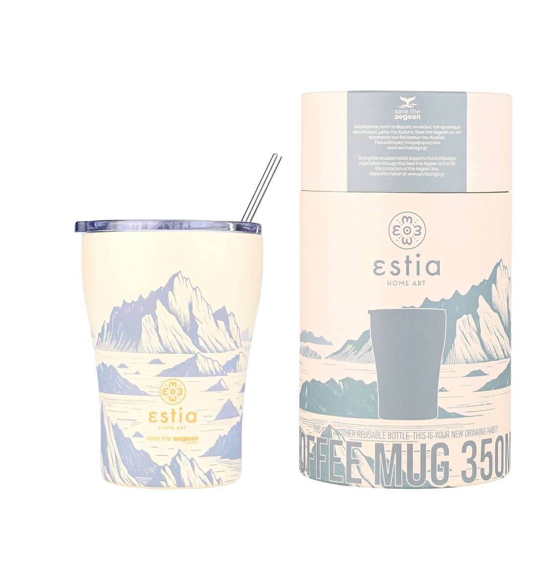 Merkloos Thermosbeker met Rietje - 350 ml - Bergmotief