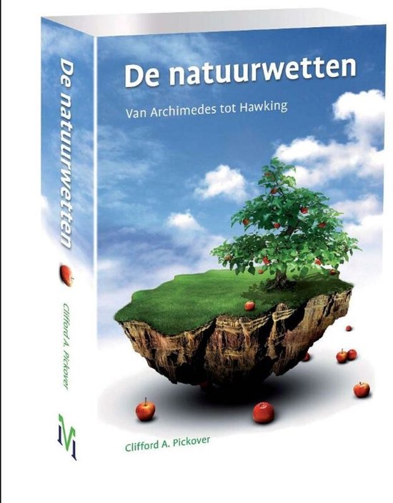 Boek kaft met de titel "De natuurwetten, Van Archimedes tot Hawking" met een zwevend eiland en een appelboom.
