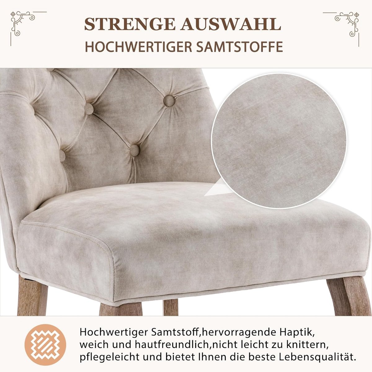 Luxe Fluwelen Eetkamerstoelen Set van 6 – Lichtbeige Stoelen met Hoge Rugleuning, Knoopstiksel & Massief Houten Poten – Comfortabele Design Stoelen voor Eetkamer of Woonkamer – Novihome
