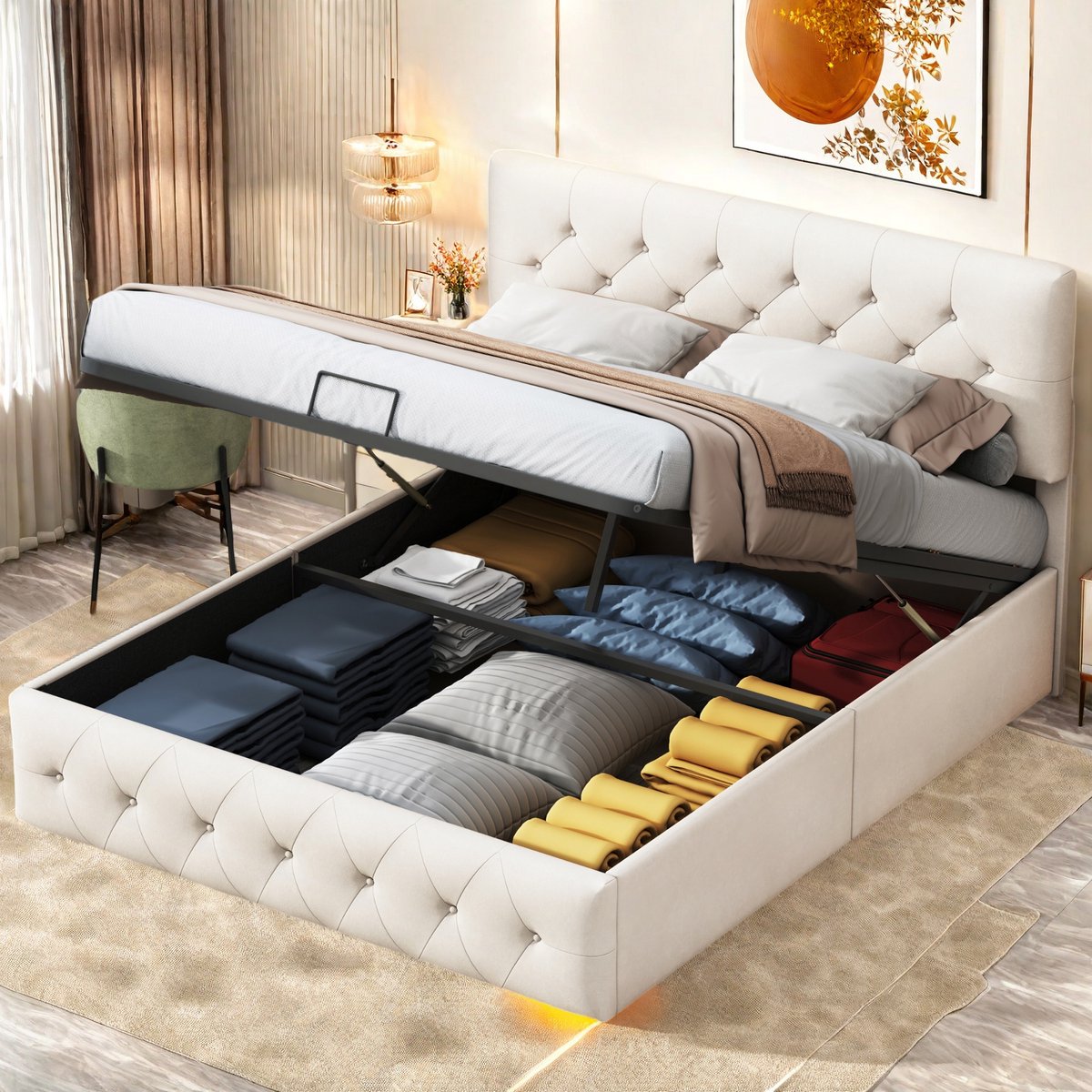 Beige Fluwelen Hydraulisch Bed 160x200 cm - Tweepersoons - Beige - €241,59