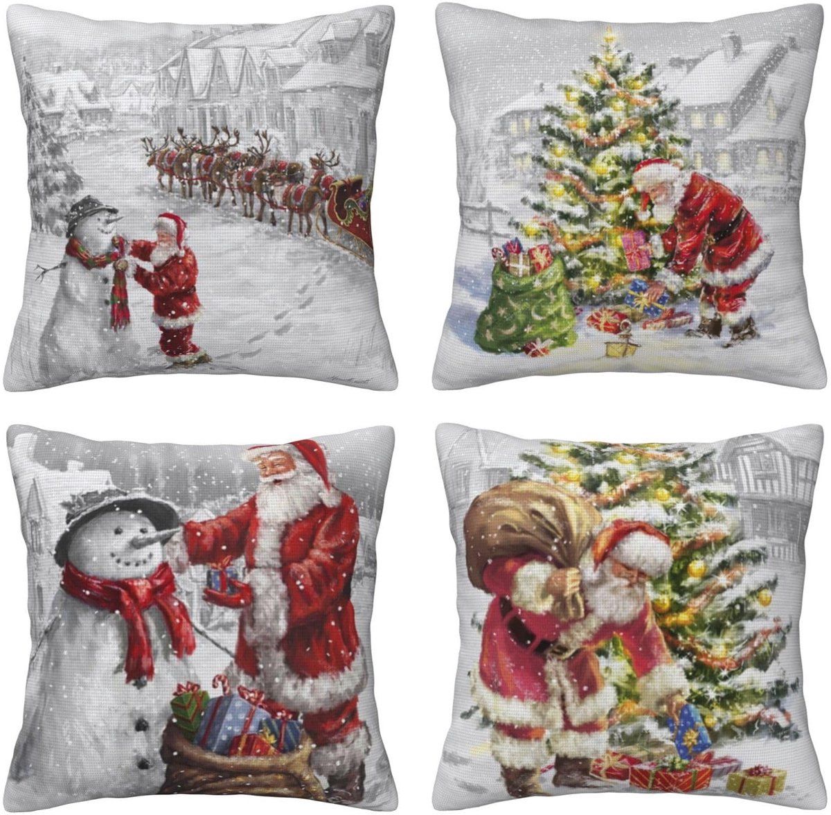 Unyqoos Set van 4 decoratieve kussenslopen met kerstelementen voor binnen en buiten Kleurjik