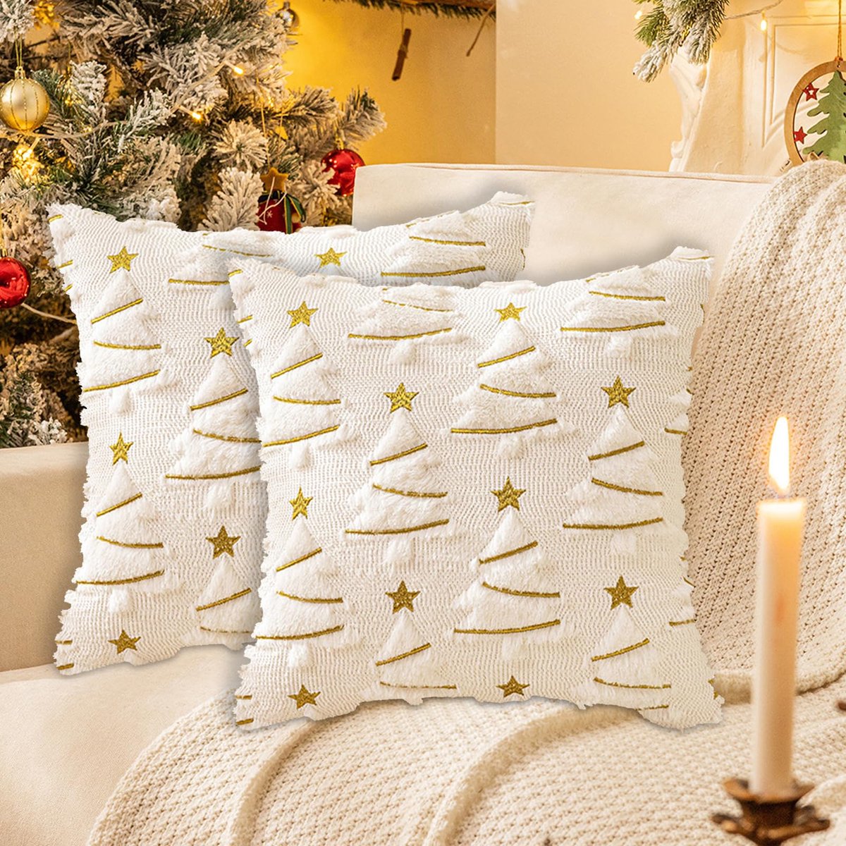 Unyqoos Set van 2 kerstkussenslopen met kerstboomontwerp voor sfeervolle decoratie Wit