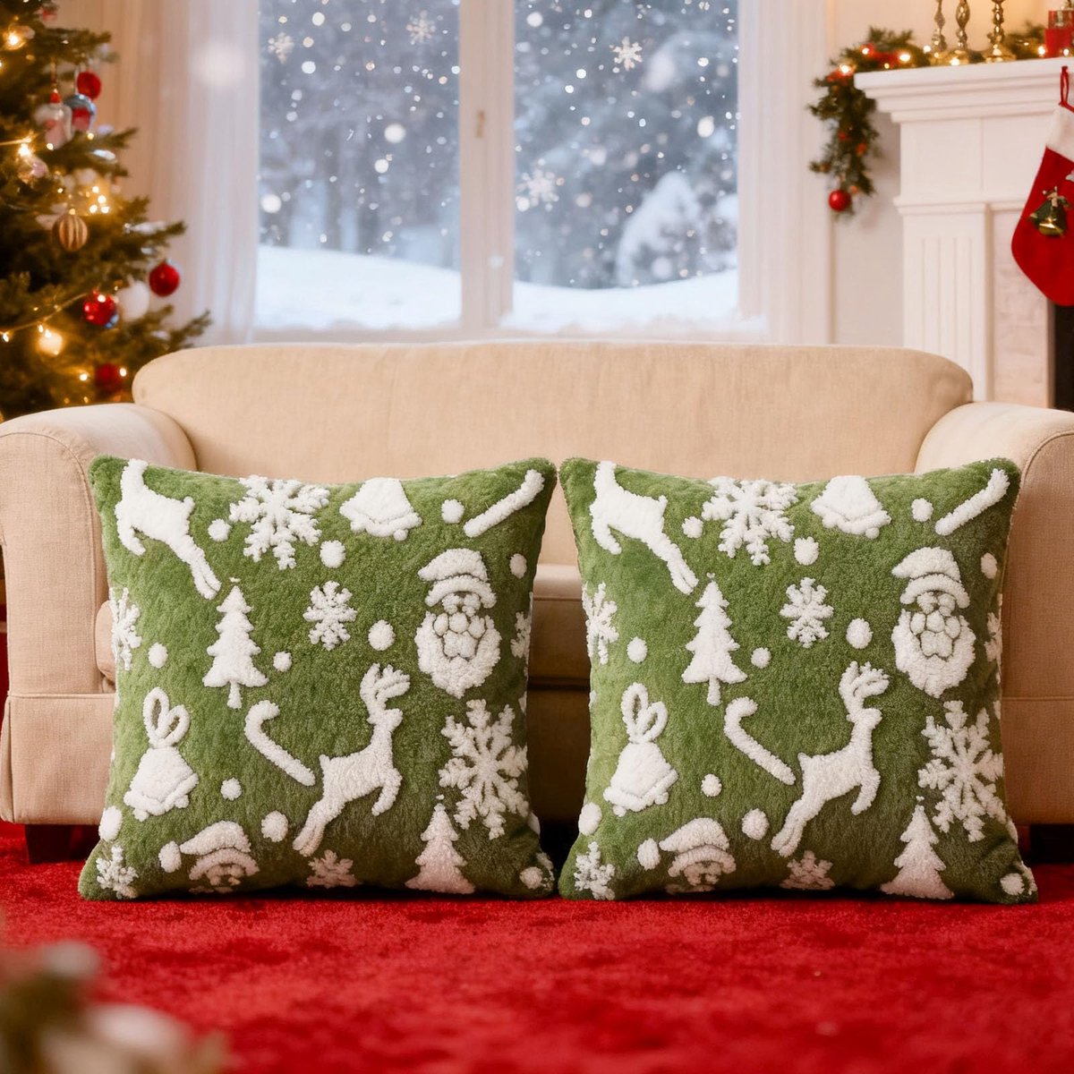 Unyqoos Set van twee feestelijke kussenhoezen met winterse print voor de woonkamer Groen