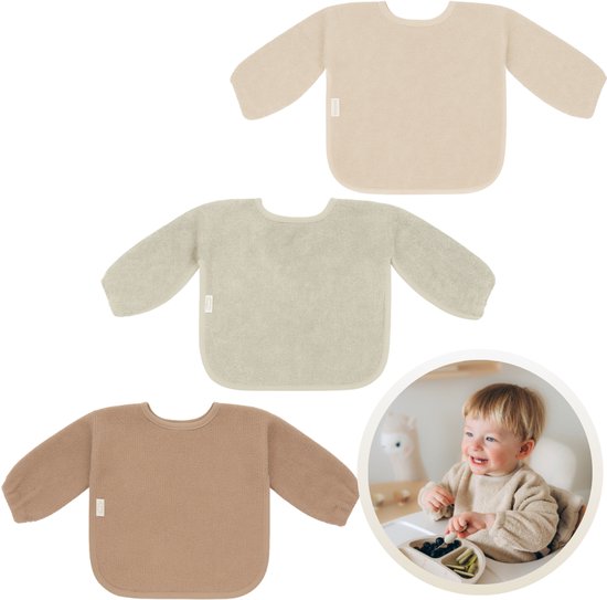 Funnies Slab met Mouwen 3-Pack Aardetinten - Set van 3 Zachte Slabbetjes voor Baby’s - 100% Katoenen Badstof - Makkelijk Wasbaar in de Wasmachine - Slabbetjes, Kwijlslab, Eet- en Speelslab - Ideaal voor Eten, Knutselen en Spelen