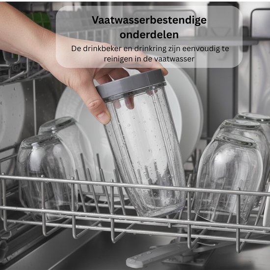 Hand plaatst een BPA-vrije drinkbeker in een vaatwasser.