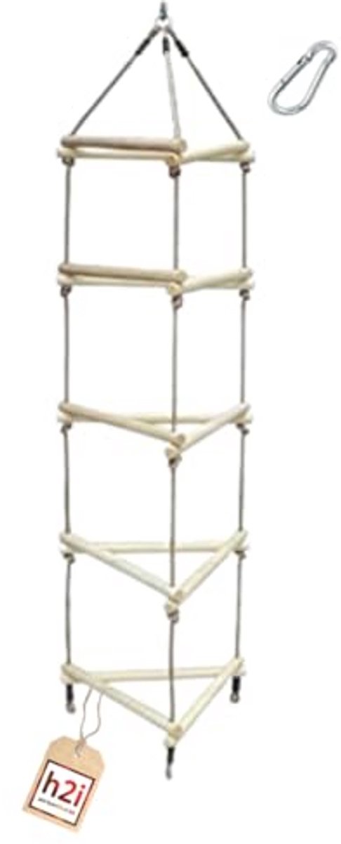 Gebreide Klimladder voor Kinderen met Houten Spijlen en Karabijnhaak - Buiten Speelgoed voor Avontuurlijke Kinderen