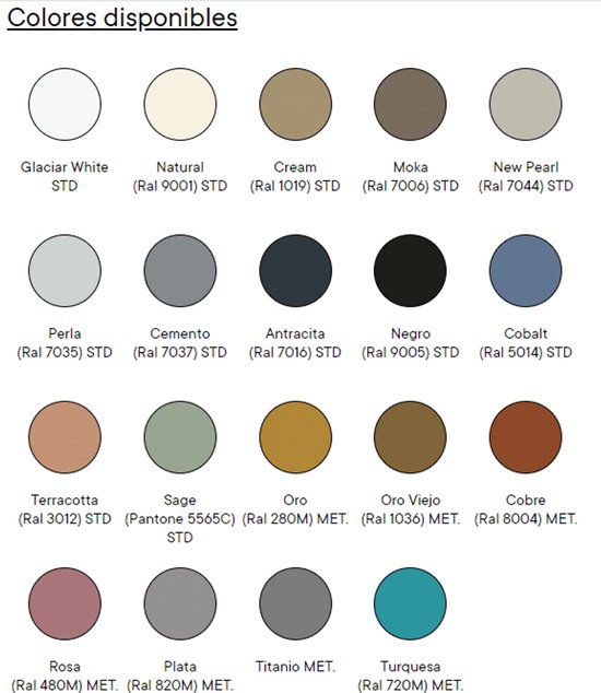 Tableau de couleurs avec 17 options pour une baignoire autoportante, y compris blanc, gris, noir, bleu et marron.