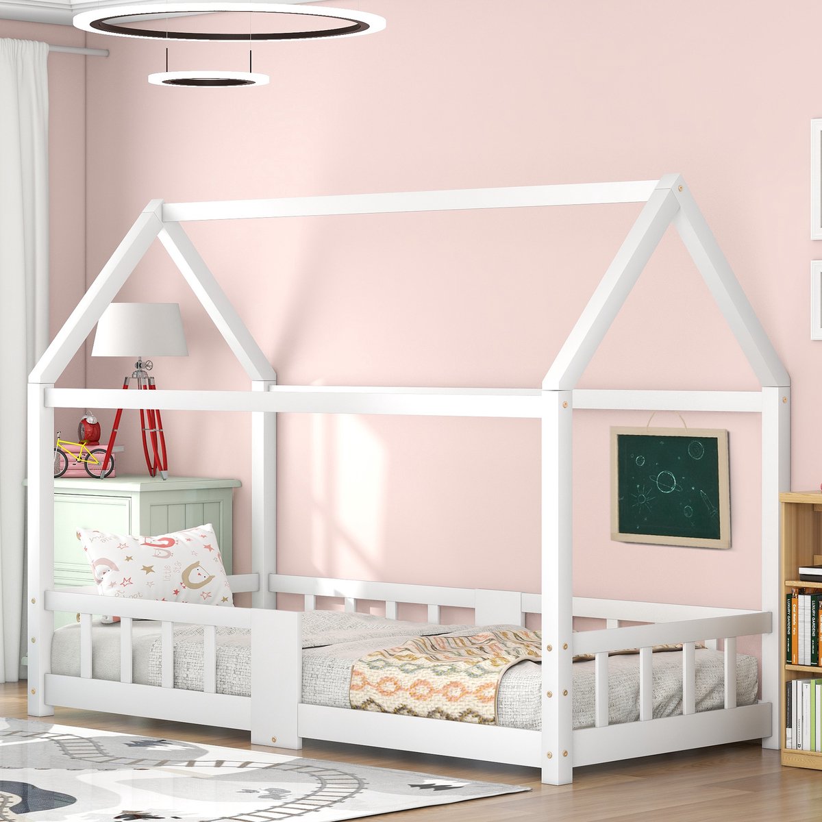 OKWISH Kinderbedden 90 x 200 cm - Kinderbed Met Lattenbodem En Schoolbord - Grenenhout - Wit (Zonder matras)