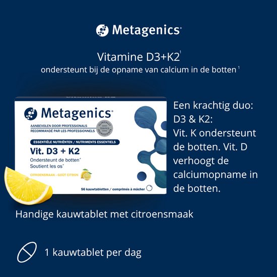 Verpakking van Metagenics Vitamine D3+K2 met citroensmaak. Een schijfje citroen. Tekst: 'Handige kauwtablet met citroensmaak', '1 kauwtablet per dag'.
