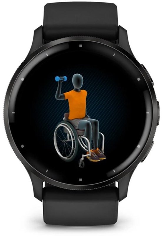Zwarte smartwatch die een geanimeerd figuur in een rolstoel toont dat traint met gewichten.