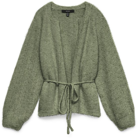 Groen gebreid vest met ronde hals en ceintuur in de taille.