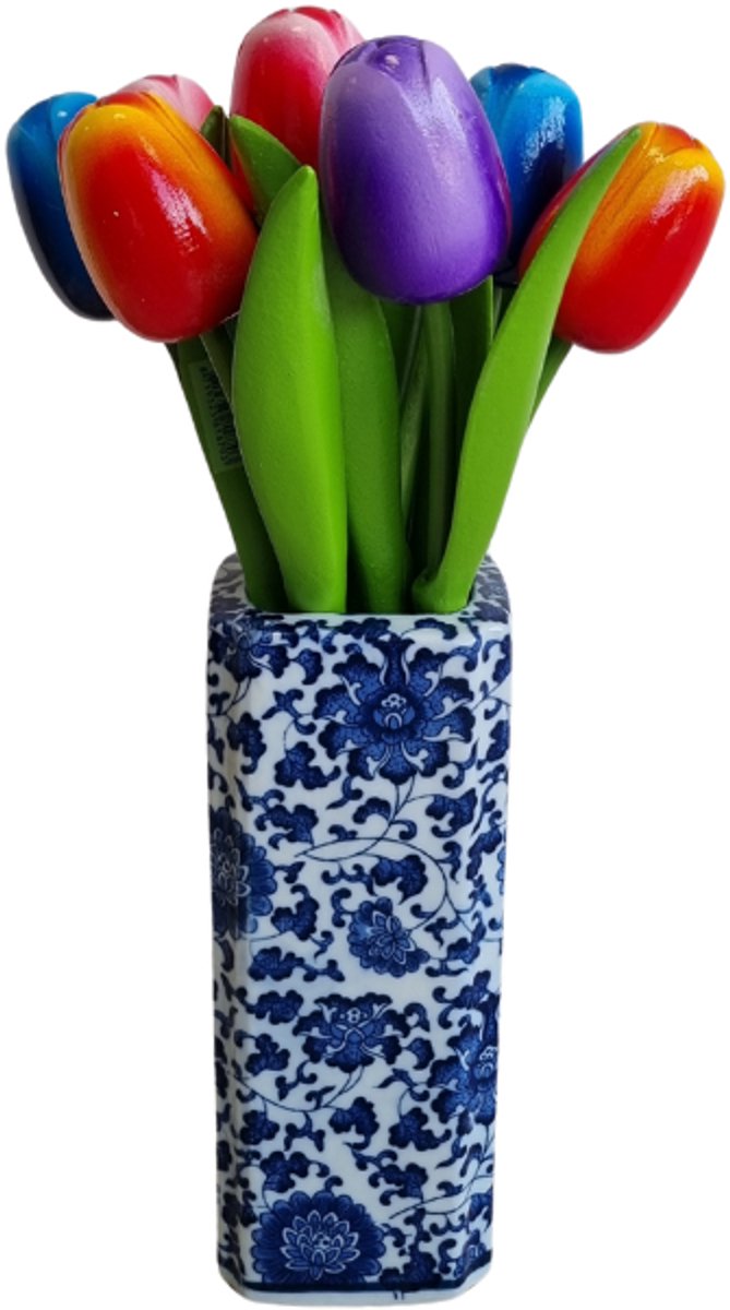 Delftsblauwe vaas 20cm hoog - vierkant met 9 tulpen