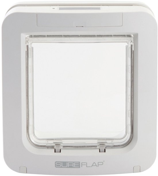 Witte microchip kattenluik, merk SureFlap, met transparant klapdeurtje.