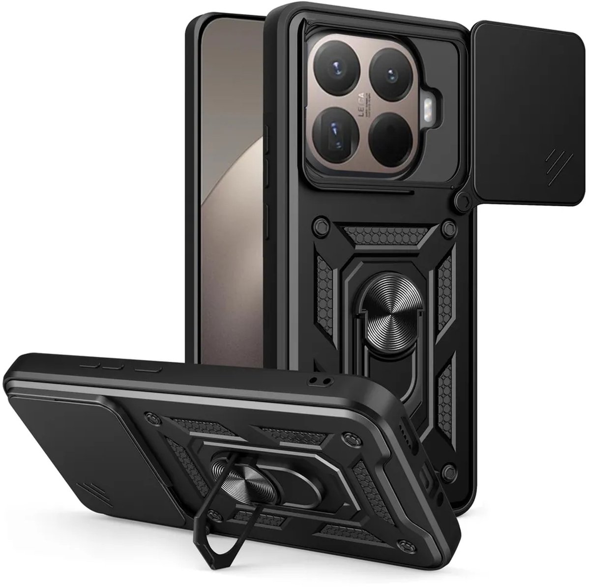 MobyDefend Hoesje - Geschikt voor Xiaomi 15T Pro - Pantsercase Met Draaibare Ring - Zwart