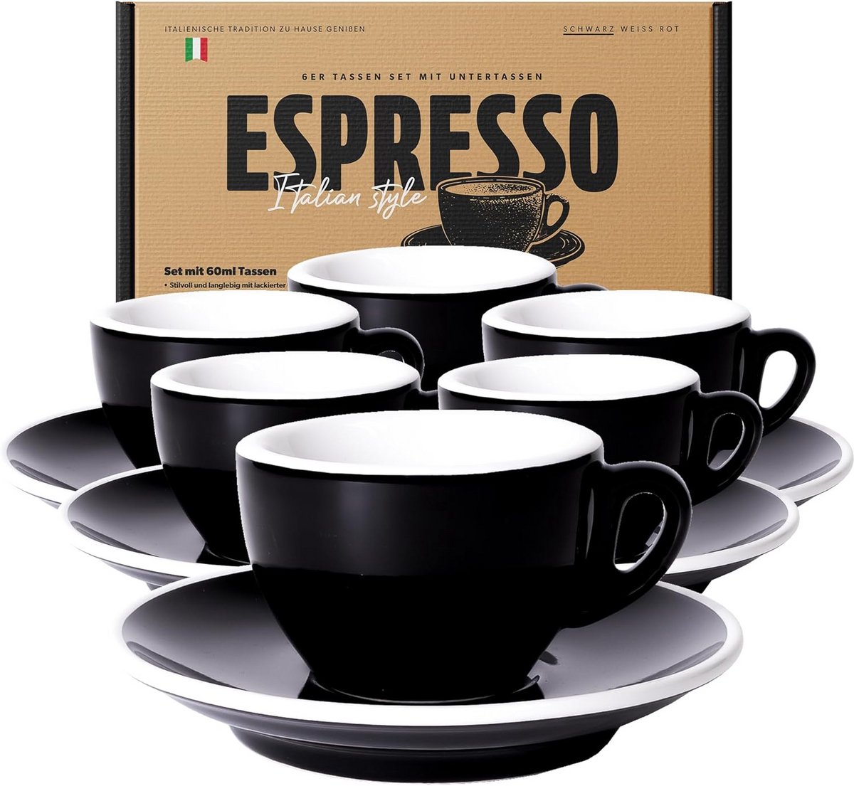 Set van 6 Espressokopjes met Schotels 60 ml Zwart en Wit - Dikwandig & Vaatwasserbestendig