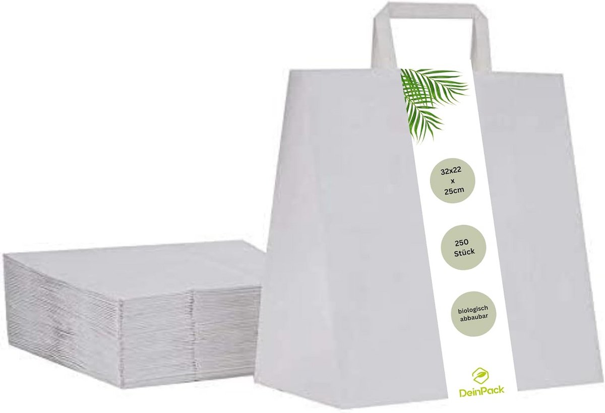 250 Grote Witte Papieren Draagtassen - Biologisch Afbreekbaar & Composteerbaar - 32x22x25 cm