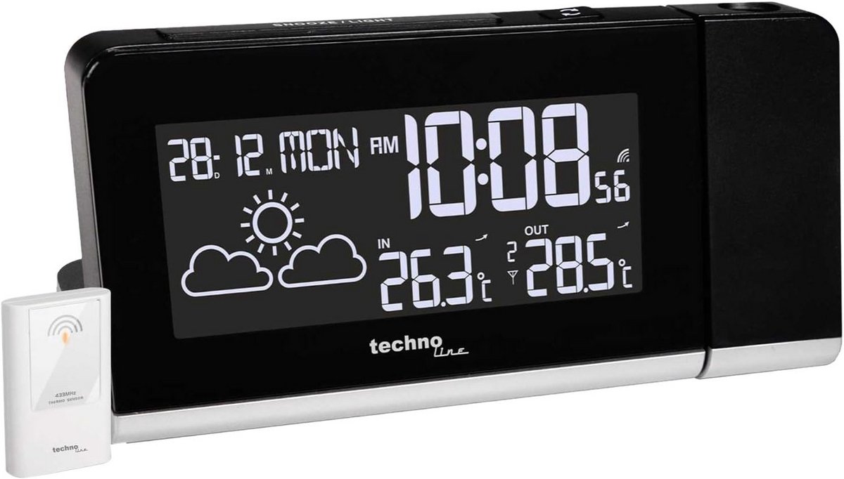 Radiogestuurde Wekker met Binnen- en Buitentemperatuur, Weersvoorspelling en Kleurrijk LED Projectie