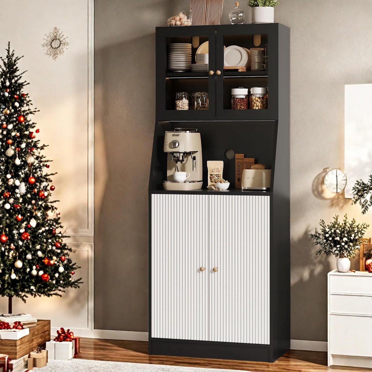 Hoge Keukenkast met Glasdeuren - Verstelbare Planken - 180 cm - Zwart/Wit