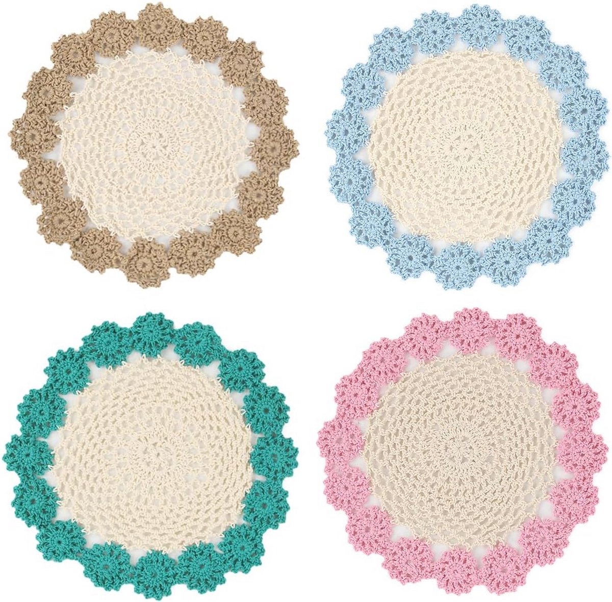Set van 4 Gehaakte Ronde Tafelmatten / Placemats van Katoen - Diverse Kleuren - 18 cm
