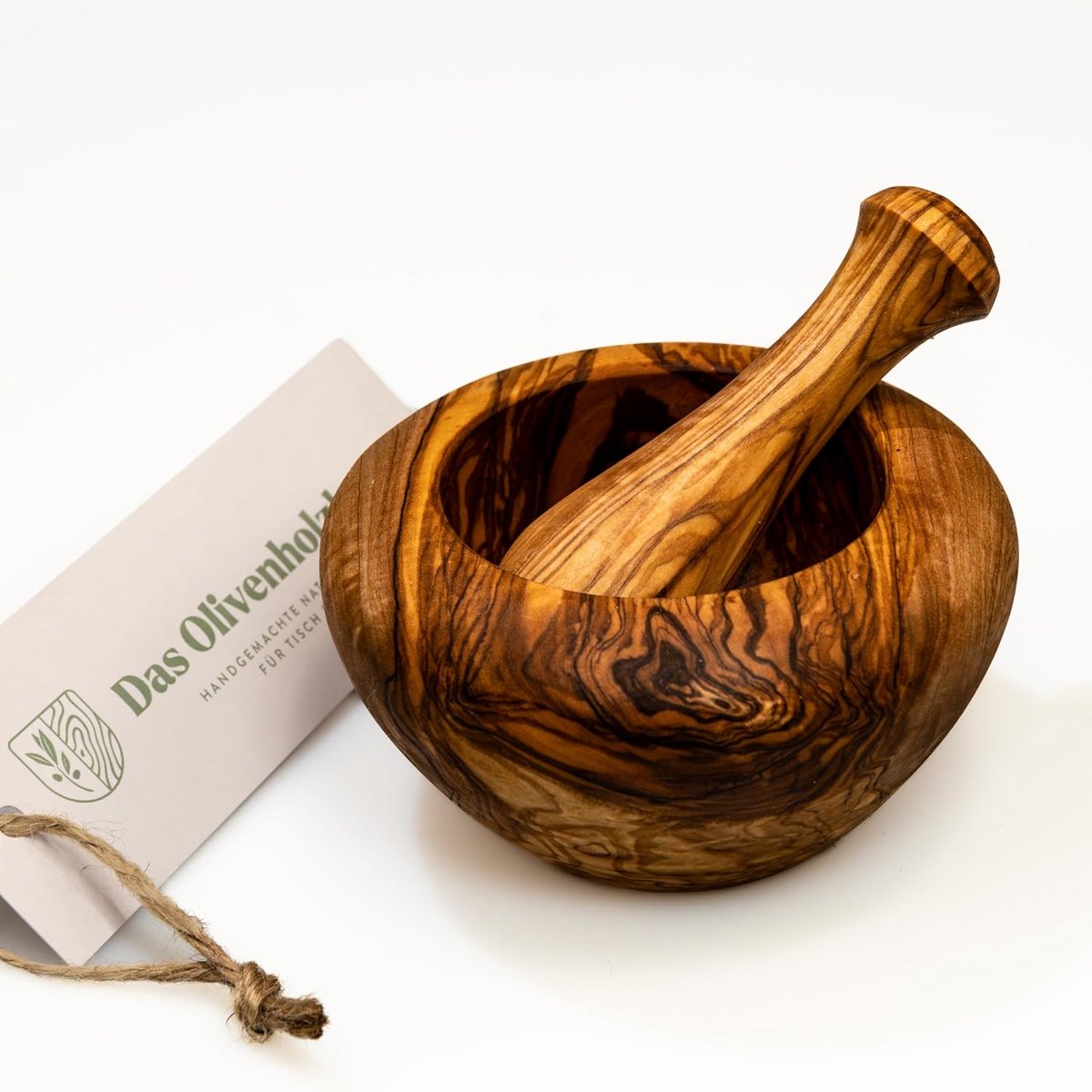 Houten Mortier en Stamper Set - Rond Olijfhout - 14 cm - Handgemaakt Kruidenmolen