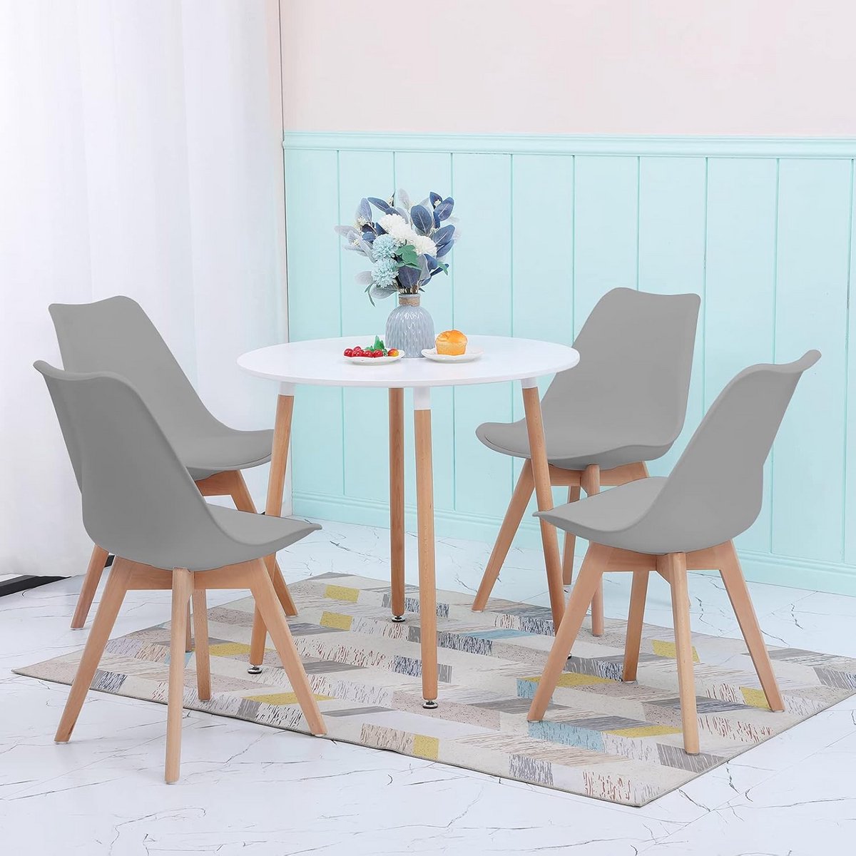Ronde Eettafel Set met 4 Grijze Stoelen, 5-delige Dinerset voor Woon- en Keukenkamer