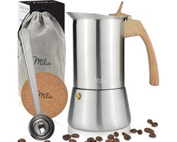 RVS Espressomaker voor Inductie - Italiaanse Mokkapot met Houten Look Handvat en Accessoires