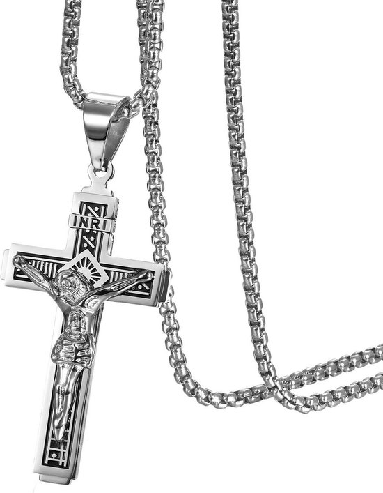 Collier Croix pour Hommes en Acier Inoxydable avec Pendentif Crucifix Jésus-Christ/INRI et Chaîne de 22 Pouces