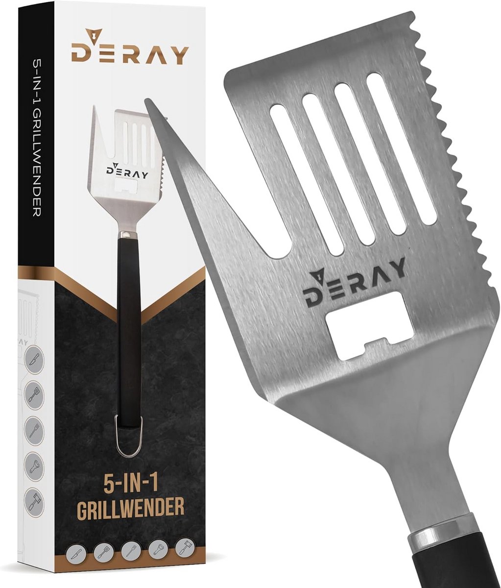 Multifunctionele RVS Grillspatel 5-in-1 met Flesopener en Lange Greep