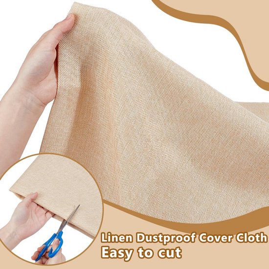 Hand knipt beige linnen stof met een schaar. "Linen Dustproof Cover Cloth Easy to cut".