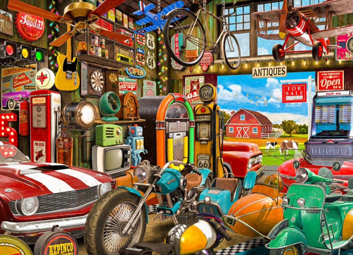 Antieke Garage Puzzel 1000 Stukken - Vintage Thema Legpuzzel voor Volwassenen & Familie