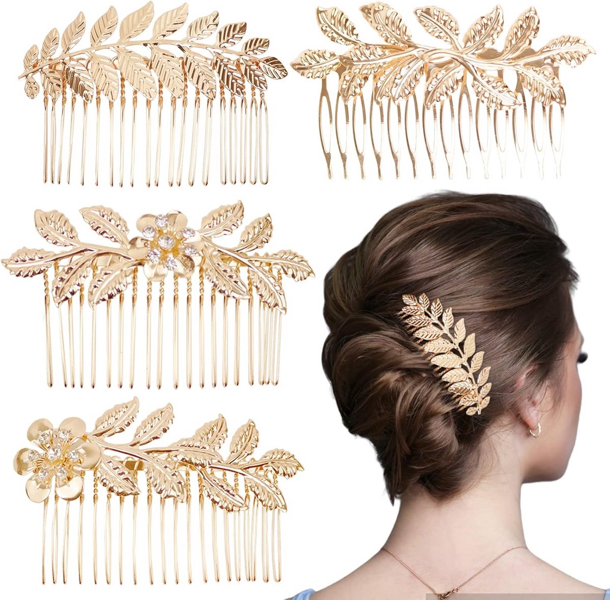 Set van 4 Gouden Blad Haarspeldjes met Strass Decoratie voor Bruiloften en Feesten