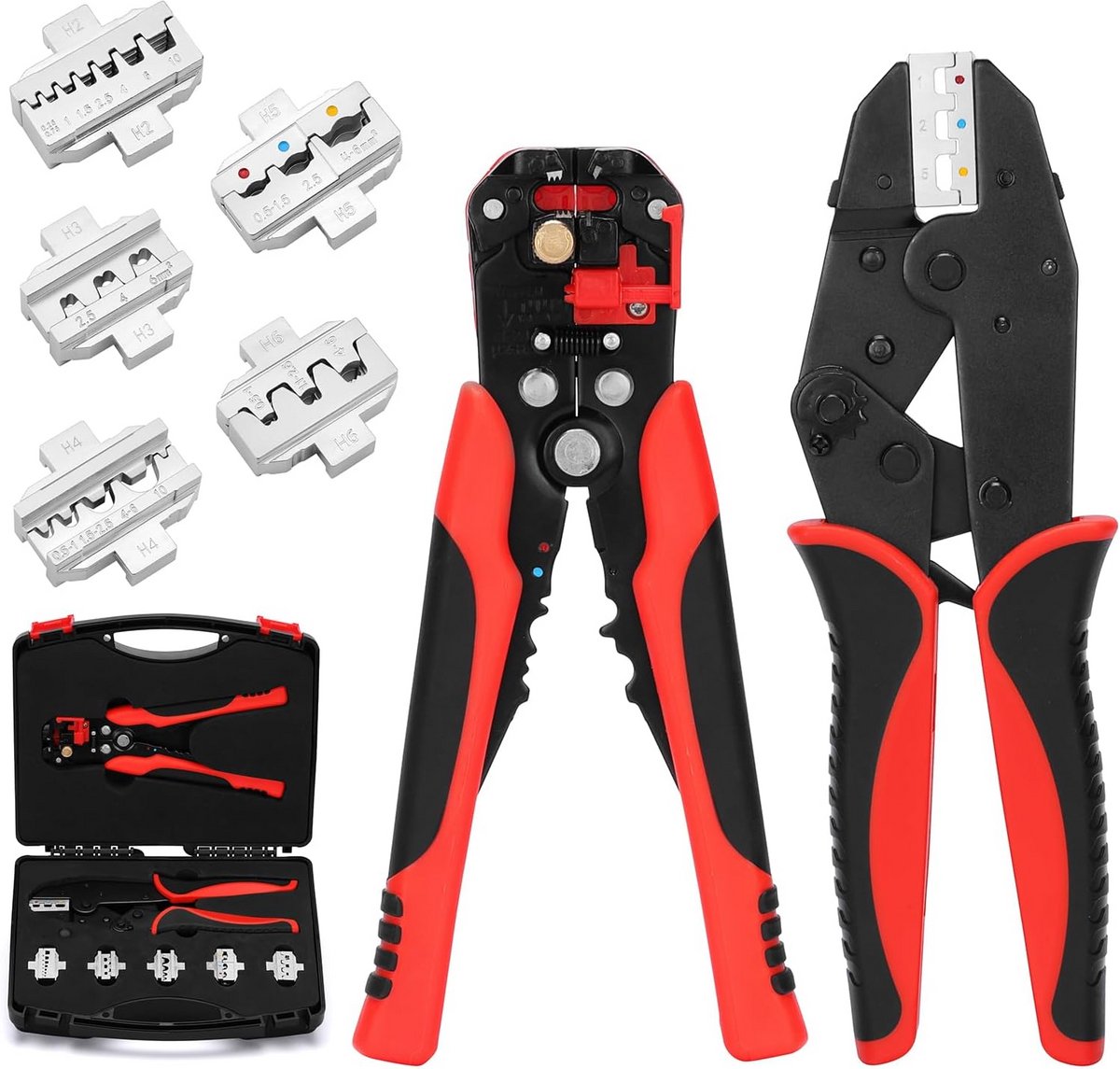 Krimpgereedschapset - Draadkrimper Stripper - Elektrische Verbindingen - 6 Verwisselbare Matrijzen - 6 Stuks - Zilver