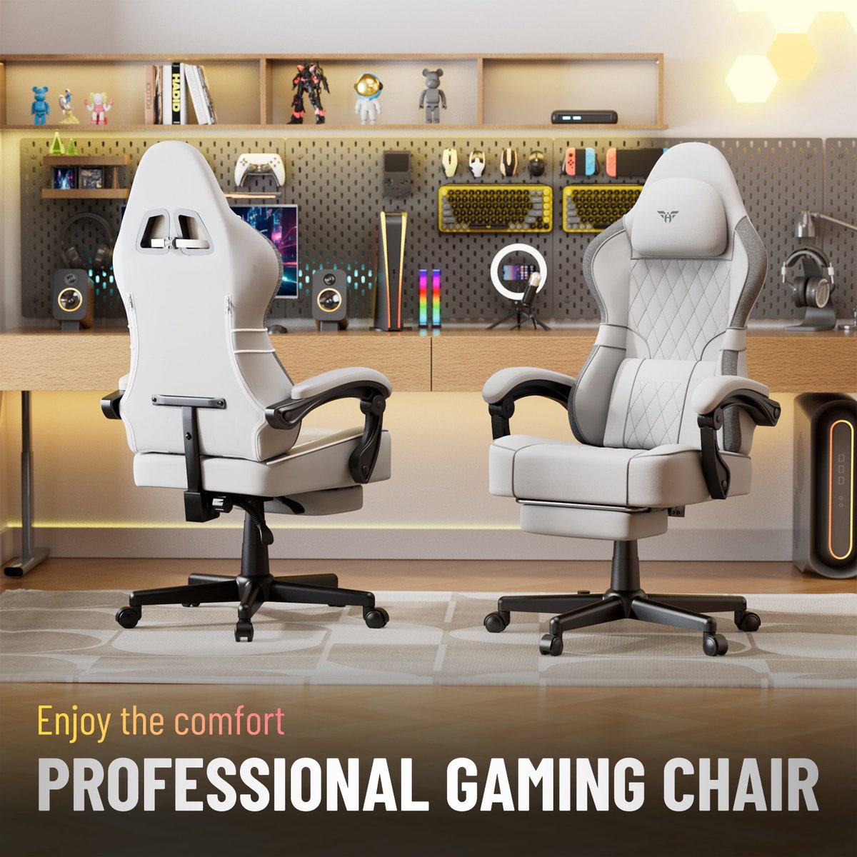 Soontrans Wit-Gaming Stoel met Inklapbare Voetensteun, - afbeelding 3