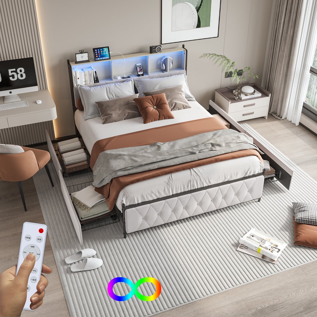Gestoffeerd bed 180 x 200 cm met ledverlichting en USB-oplaadpunt, tweepersoonsbed met 4 lades, gestoffeerd bed met opbergruimte en hoofdbord, bed met lattenbodem, tweepersoonsbed, zonder matras, beige