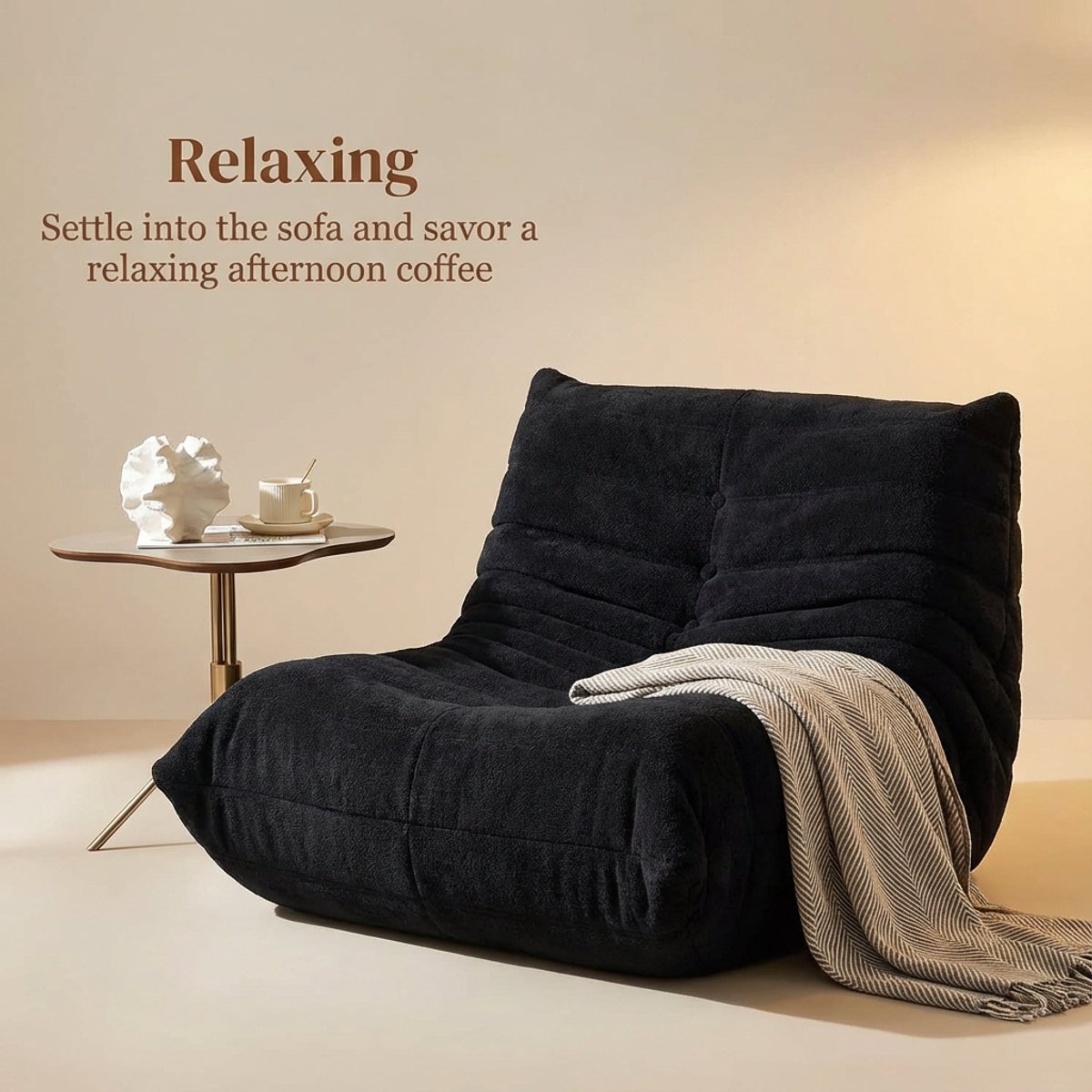 Zipsofa 1-zits Fauteuil - Zitzak Stoel met Rugleuning - Lazy Stoel - Montagevrij, Ergonomisch - 80x100x72 cm - Lamswollen stof, zwart