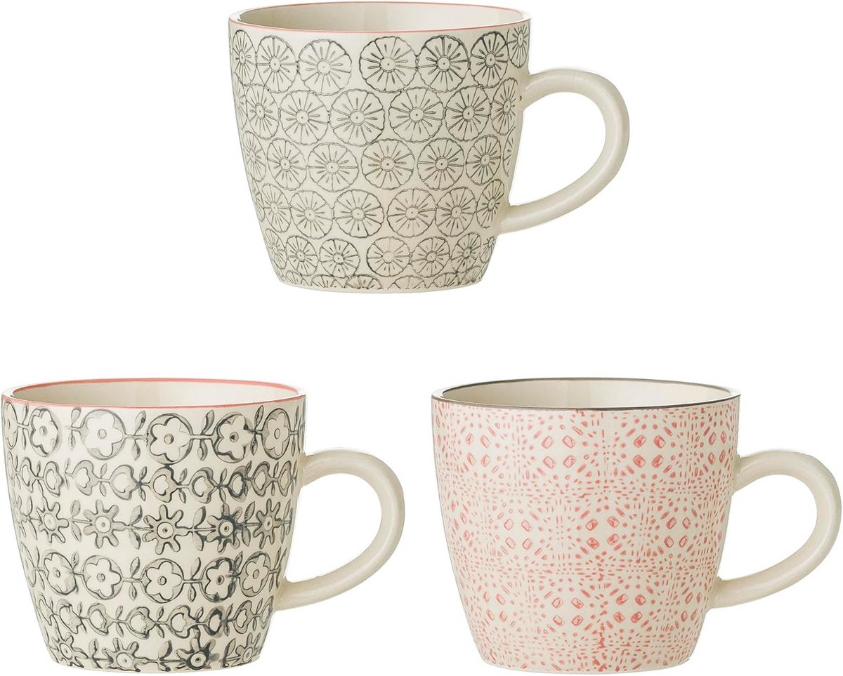 Set van 3 kleine keramieken kopjes in roze en grijs
