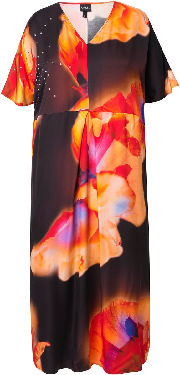 Ulla Popken - Dames - Satijnen kaftan bloemen siersteentjes V-hals - Zwart - Maat 1+