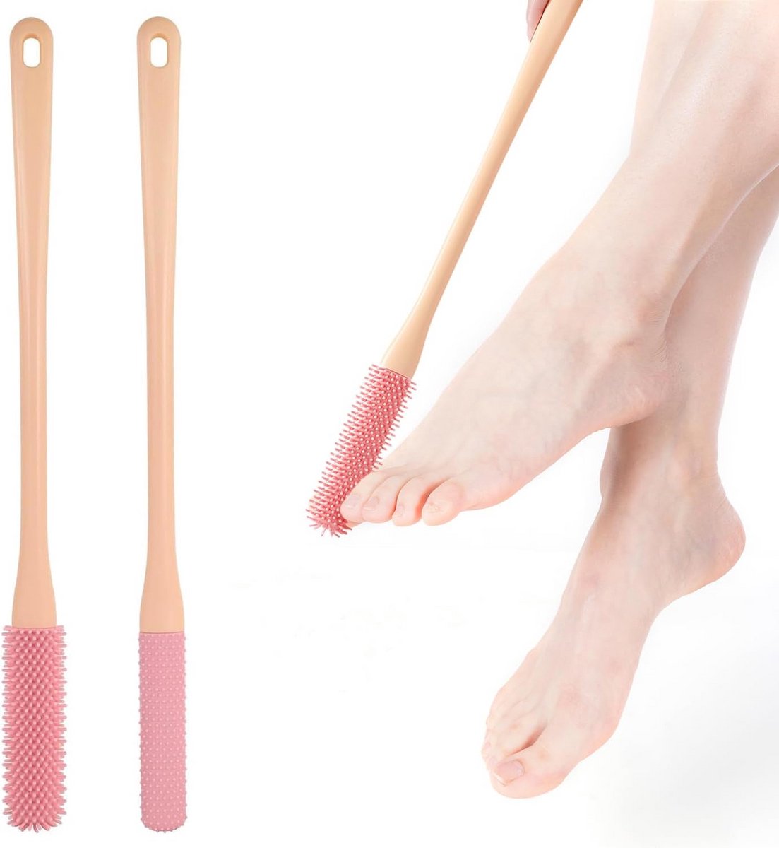 Set van 2 siliconen voetwasborstels met lange handgreep voor Douche