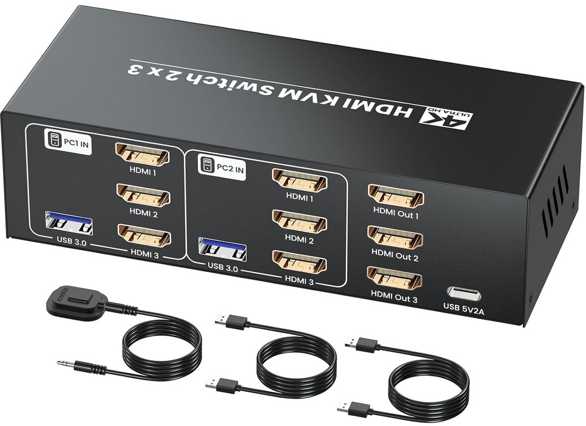 HDMI KVM Switch 3 Monitoren 2 Computers 4K 60Hz met USB Hub