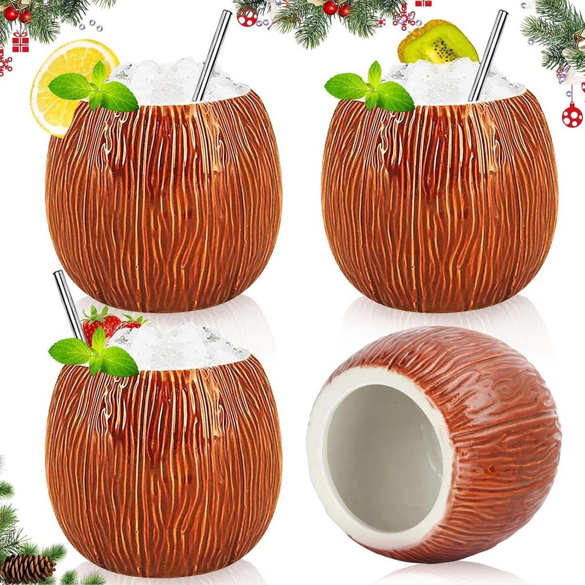 Set van 4 Keramische Kokosnoot Mokken voor Cocktails en Drankjes - 520ml