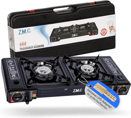 ZMC Campinggasfornuis 2-pits 2,5 kW incl. adapter voor LPG-aansluiting + opbergkoffer Campingfornuis met gaspatronen, met piëzo-ontsteking, voor gebruik binnen en buiten - Gasfornuis met 4 gaspatronen van Z.M.C — afbeelding 2