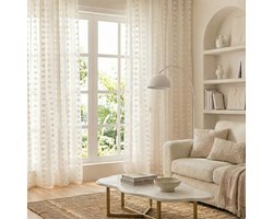 MUPOO Modern Boho Lichtdoorlatend Vitrage kant en klaar met Tunnelzoom - Voile Gordijn met Speelse Pompons-Veilig & Zacht-Privacybiedend-voor Grote ramen & Schuifpui - Inclusief Embrasse-132x274cm