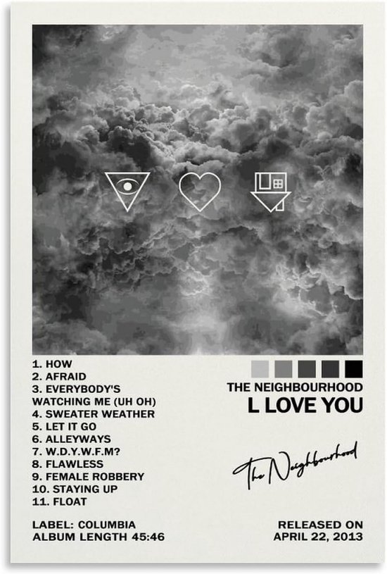 Affiche avec des nuages gris et les logos du groupe 'The Neighbourhood I Love You'.