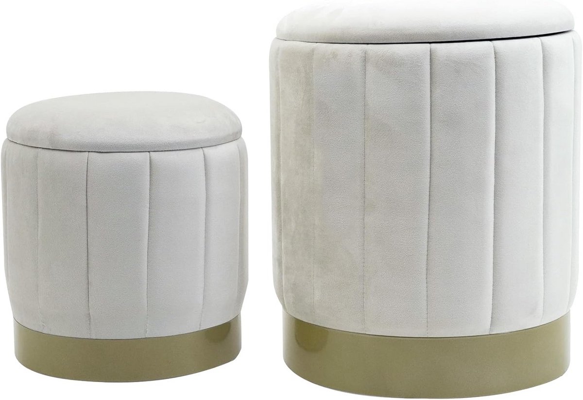 Set van 2 Opbergpoefs met Deksel - Witte Fluweelzachte Krukken voor Zitcomfort en Meer Opbergruimte